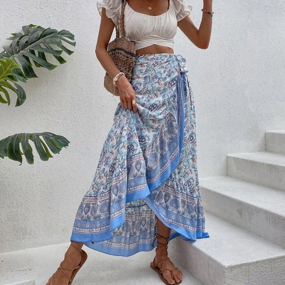 Blue Boho Floral Print Ruffle Trim Wrap Knot Side Skirt
